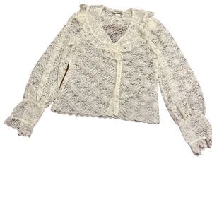 ALICE STUART Vtg Sheer Lace Blouse Ruffles Long Sleeves Victorian Pirate Collar